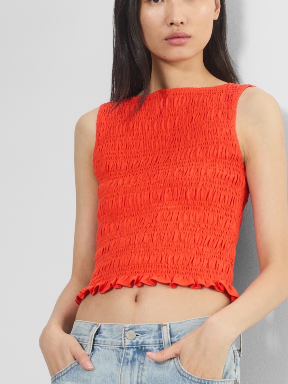 Aritzia Orange Smocked Sleeveless Crop Top